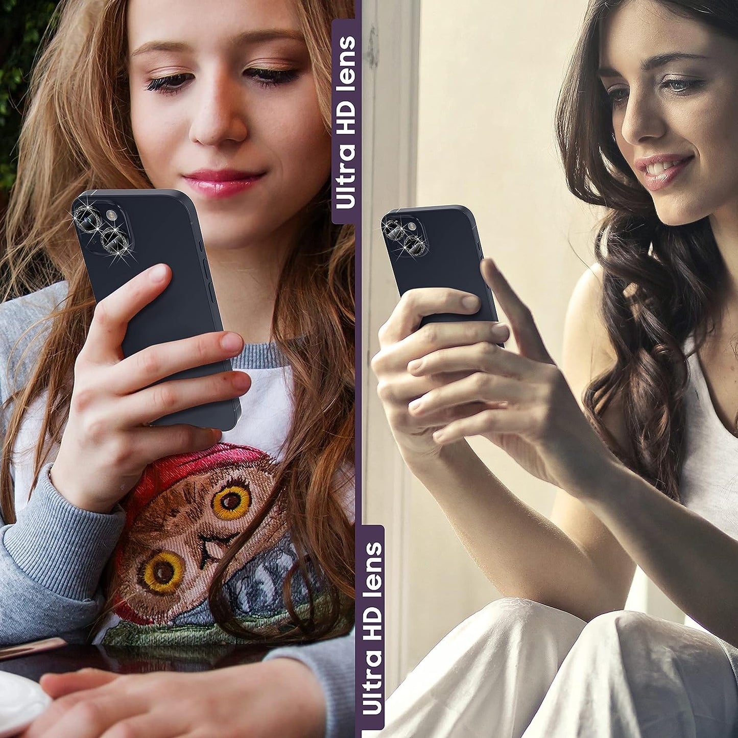 Uniqkart for iPhone 15 / 15 Plus Camera Lens Protector Set Glitter Metal Ring Tempered Glass Back Lens Film - Black