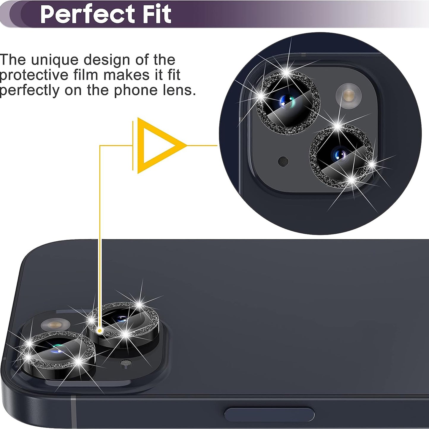 Uniqkart for iPhone 15 / 15 Plus Camera Lens Protector Set Glitter Metal Ring Tempered Glass Back Lens Film - Black