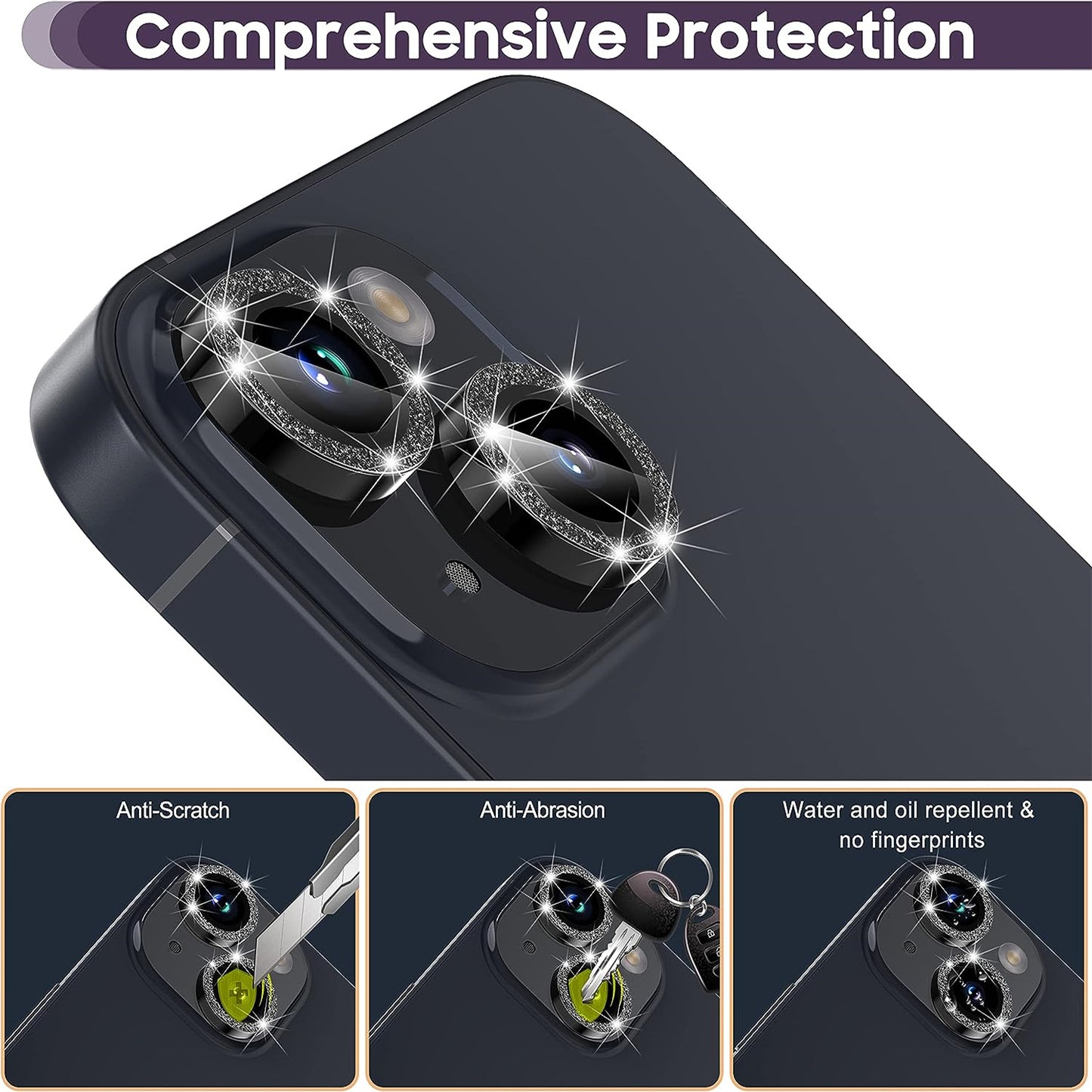 Uniqkart for iPhone 15 / 15 Plus Camera Lens Protector Set Glitter Metal Ring Tempered Glass Back Lens Film - Black