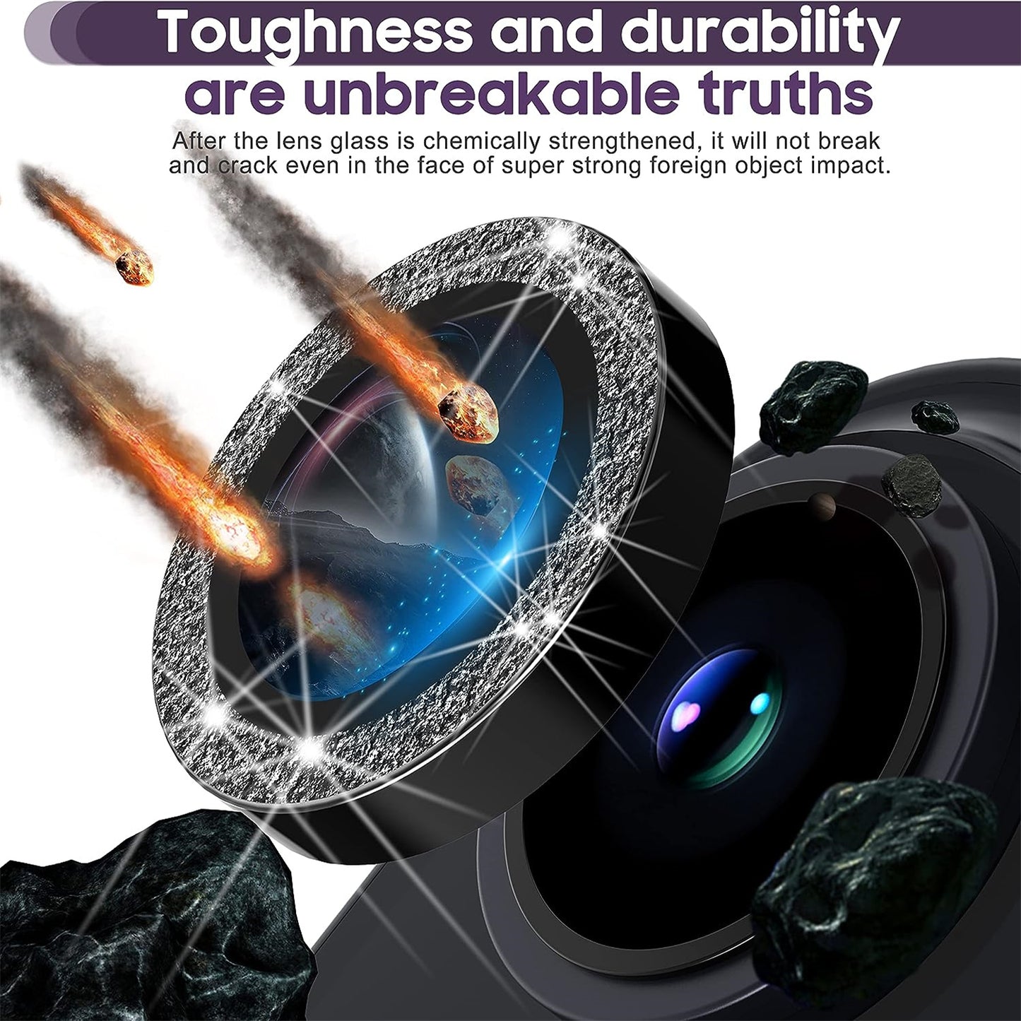 Uniqkart for iPhone 15 / 15 Plus Camera Lens Protector Set Glitter Metal Ring Tempered Glass Back Lens Film - Black