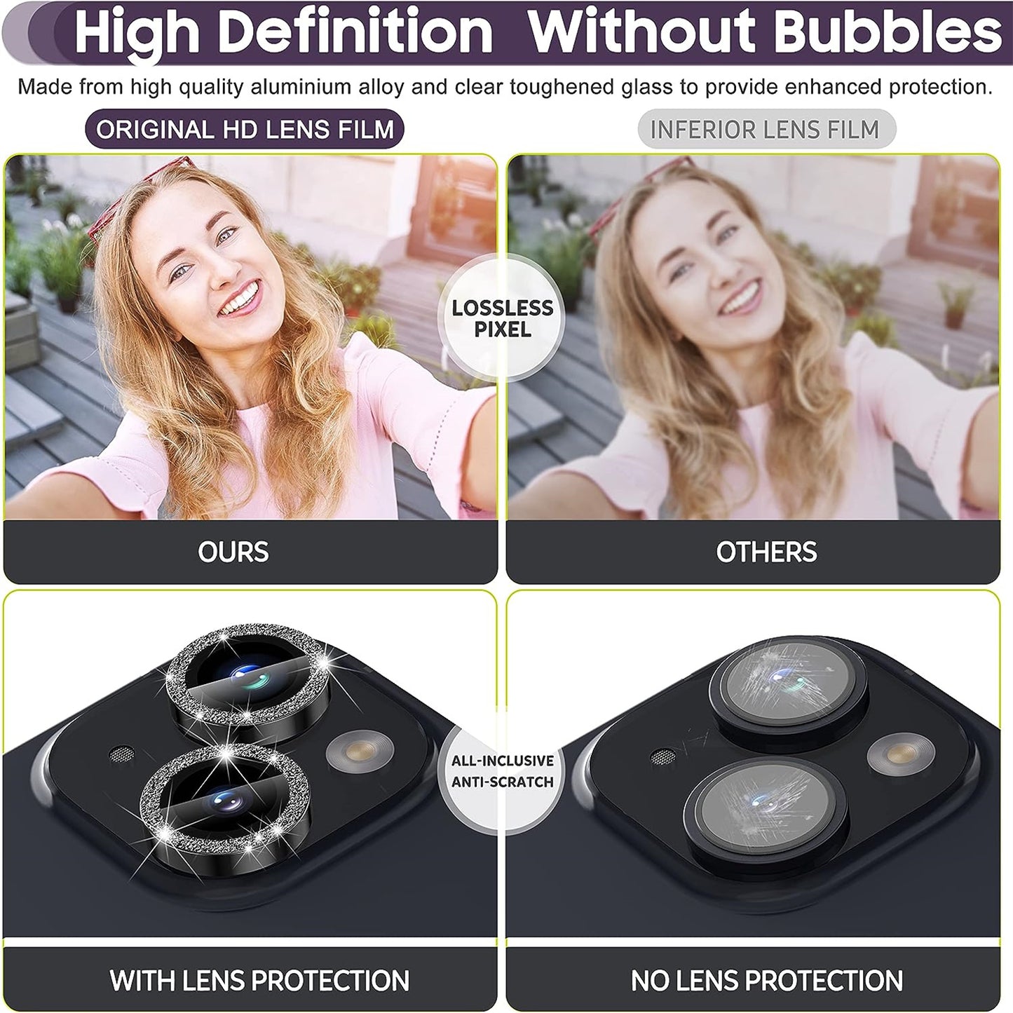 Uniqkart for iPhone 15 / 15 Plus Camera Lens Protector Set Glitter Metal Ring Tempered Glass Back Lens Film - Black