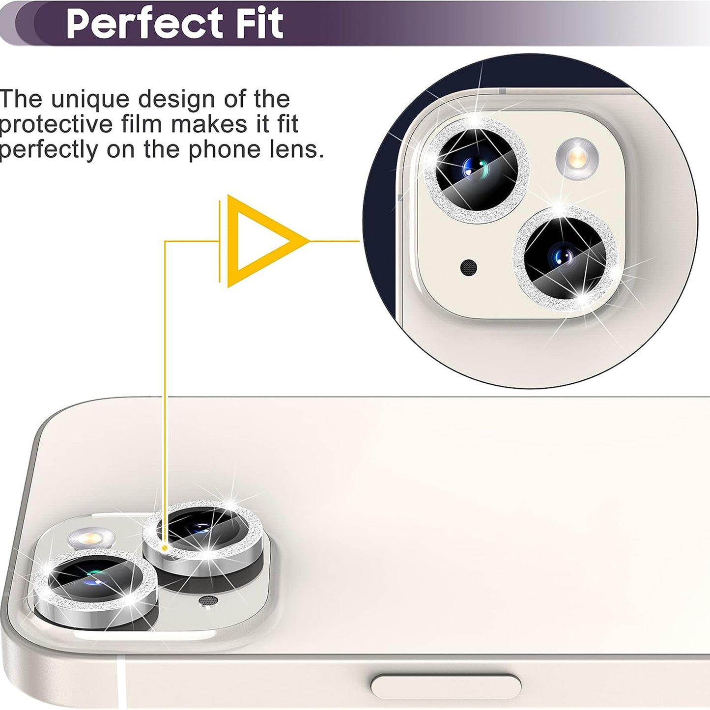 Uniqkart for iPhone 15 / 15 Plus Camera Lens Protector Set Glitter Metal Ring Tempered Glass Back Lens Film - Silver