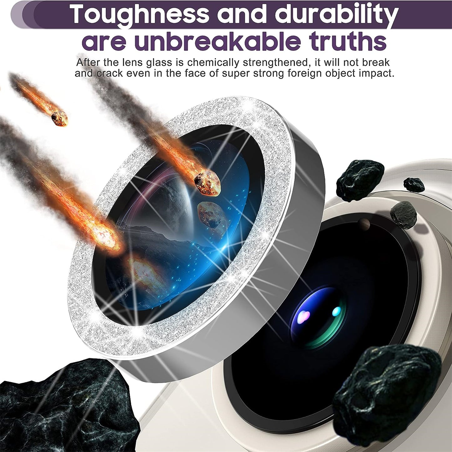 Uniqkart for iPhone 15 / 15 Plus Camera Lens Protector Set Glitter Metal Ring Tempered Glass Back Lens Film - Silver