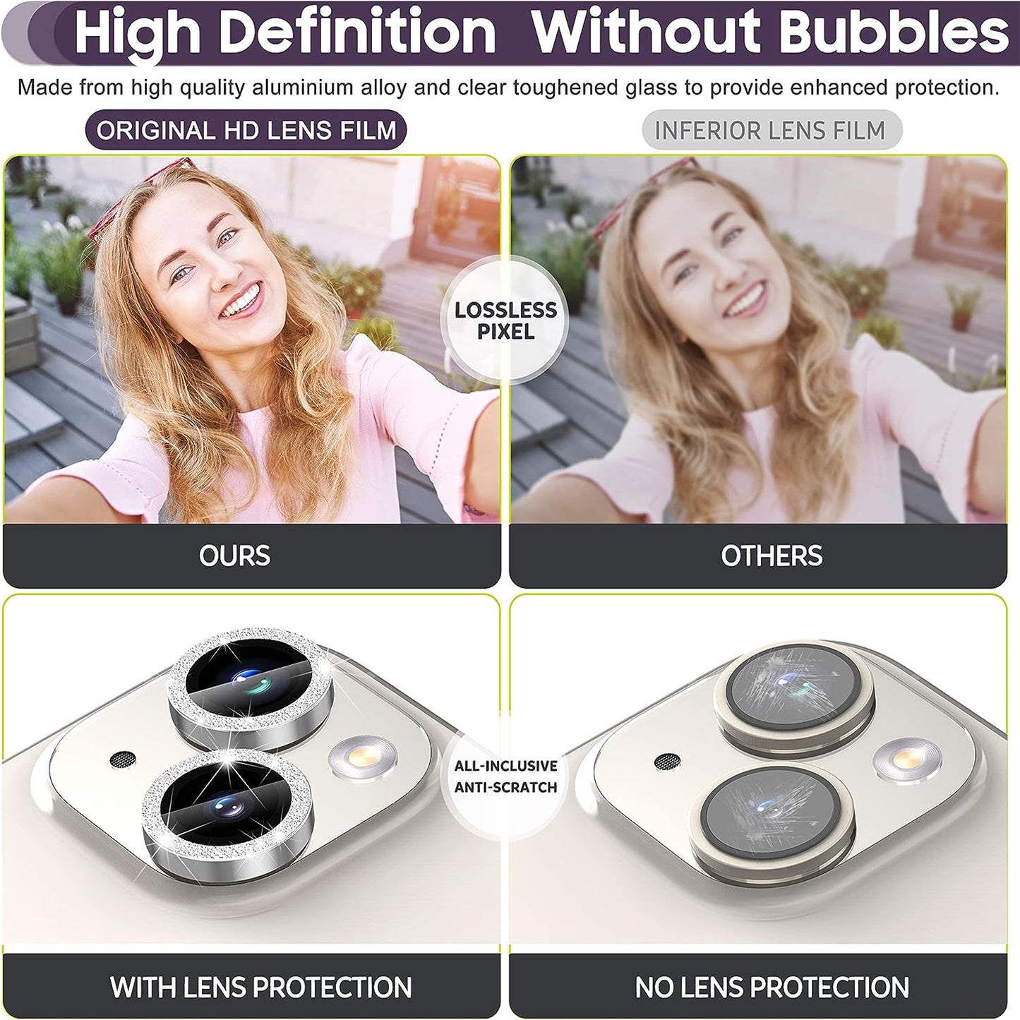 Uniqkart for iPhone 15 / 15 Plus Camera Lens Protector Set Glitter Metal Ring Tempered Glass Back Lens Film - Silver