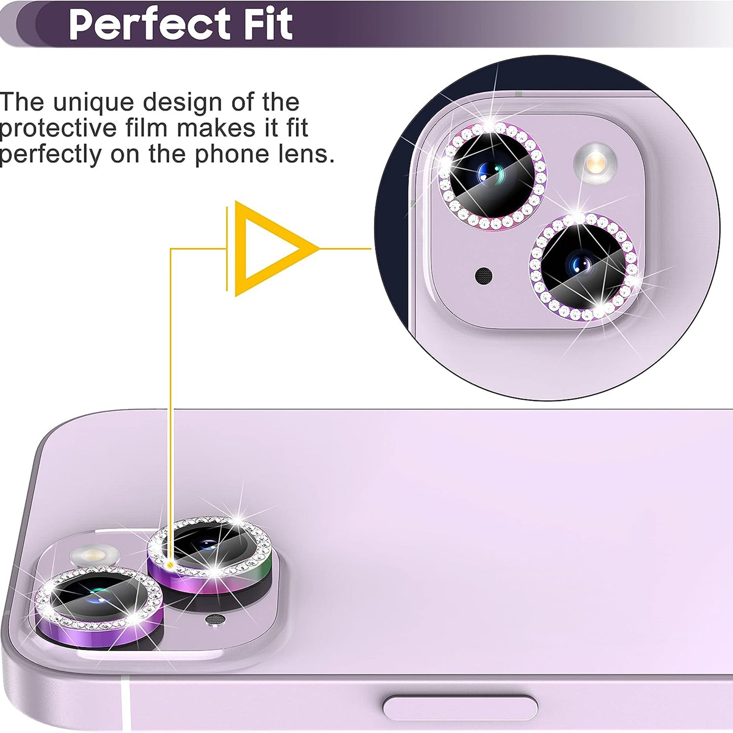 Uniqkart for iPhone 15 / 15 Plus Bling Rhinestone Camera Lens Protector Set Colorful Metal Ring Tempered Glass Lens Film
