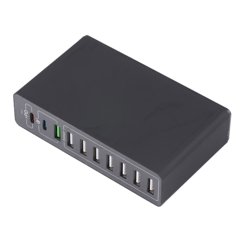 MFT-03Q USB Charger 10-Port 65W Multi-Port Type-C QC3.0 Charging Hub Compact Desktop Power Station - Black / EU Plug