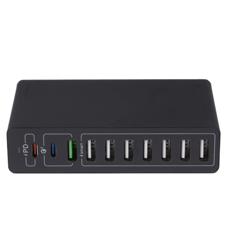 MFT-03Q USB Charger 10-Port 65W Multi-Port Type-C QC3.0 Charging Hub Compact Desktop Power Station - Black / EU Plug