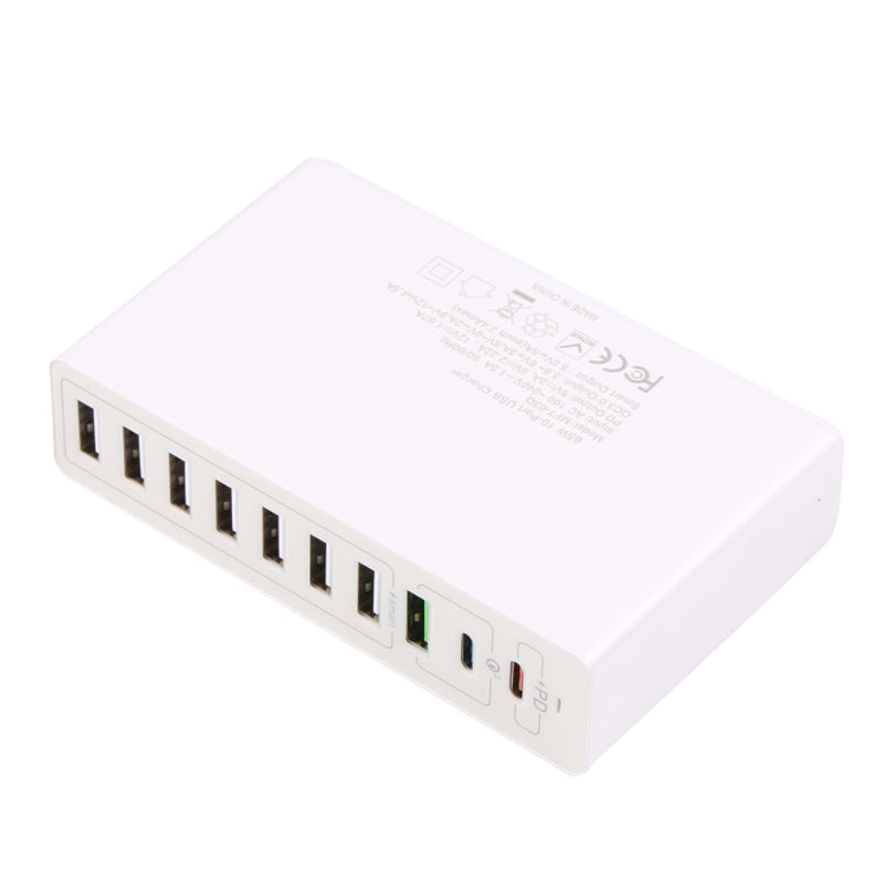 MFT-03Q USB Charger 10-Port 65W Multi-Port Type-C QC3.0 Charging Hub Compact Desktop Power Station - White / EU Plug