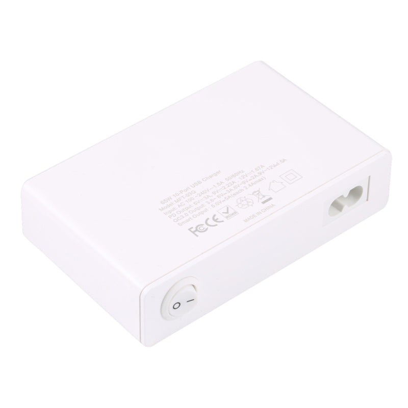 MFT-03Q USB Charger 10-Port 65W Multi-Port Type-C QC3.0 Charging Hub Compact Desktop Power Station - White / EU Plug