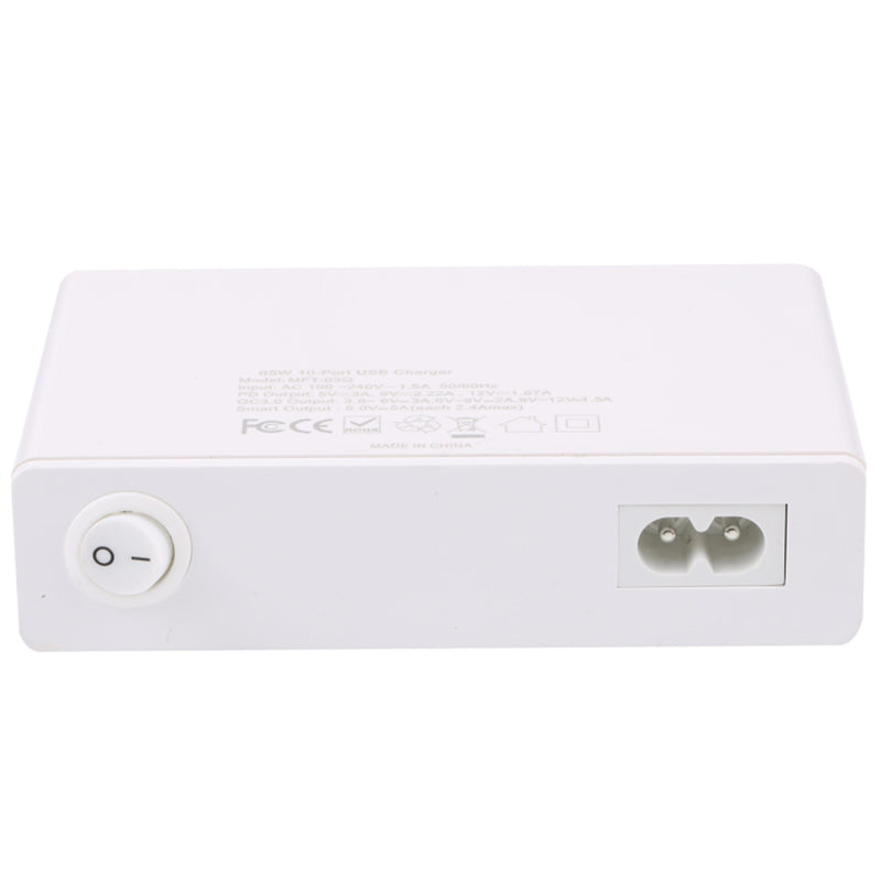 MFT-03Q USB Charger 10-Port 65W Multi-Port Type-C QC3.0 Charging Hub Compact Desktop Power Station - White / EU Plug