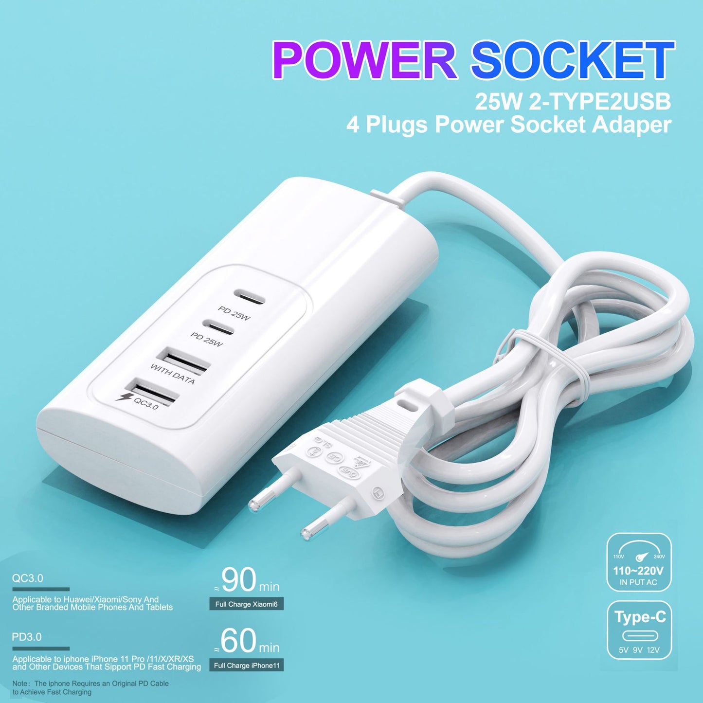 1m EU Plug PD 25W Fast Charger 2 USB + 2 Type-C Phone Tablet Bluetooth Earphone Charging Station