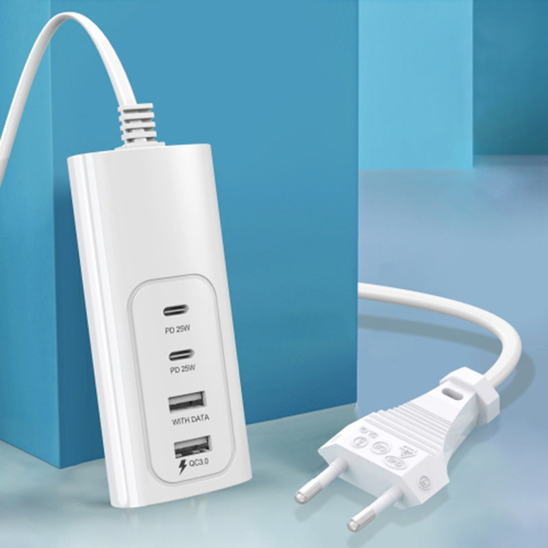 1m EU Plug PD 25W Fast Charger 2 USB + 2 Type-C Phone Tablet Bluetooth Earphone Charging Station