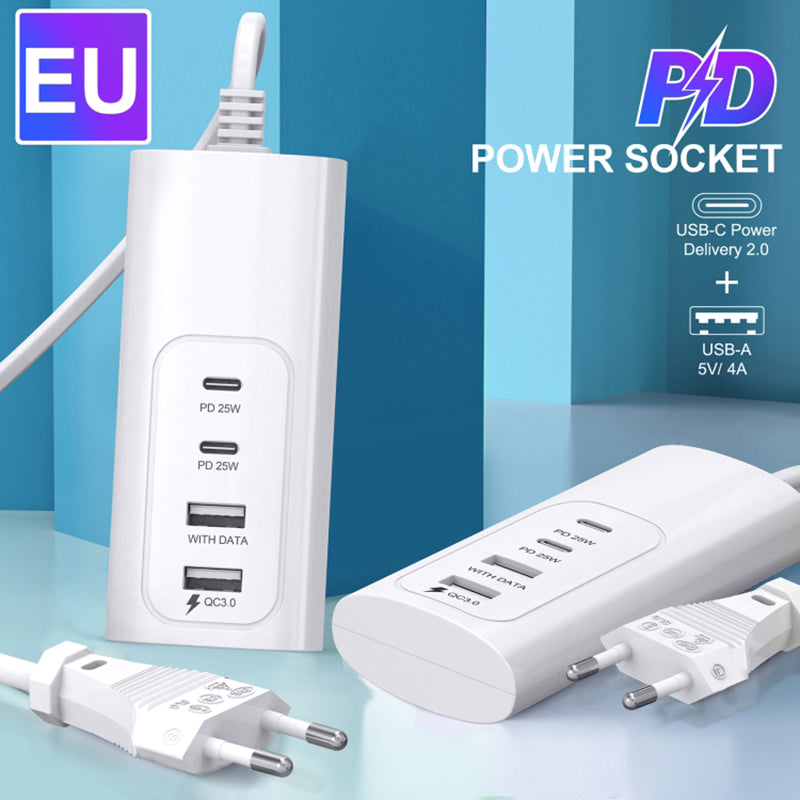 1m EU Plug PD 25W Fast Charger 2 USB + 2 Type-C Phone Tablet Bluetooth Earphone Charging Station
