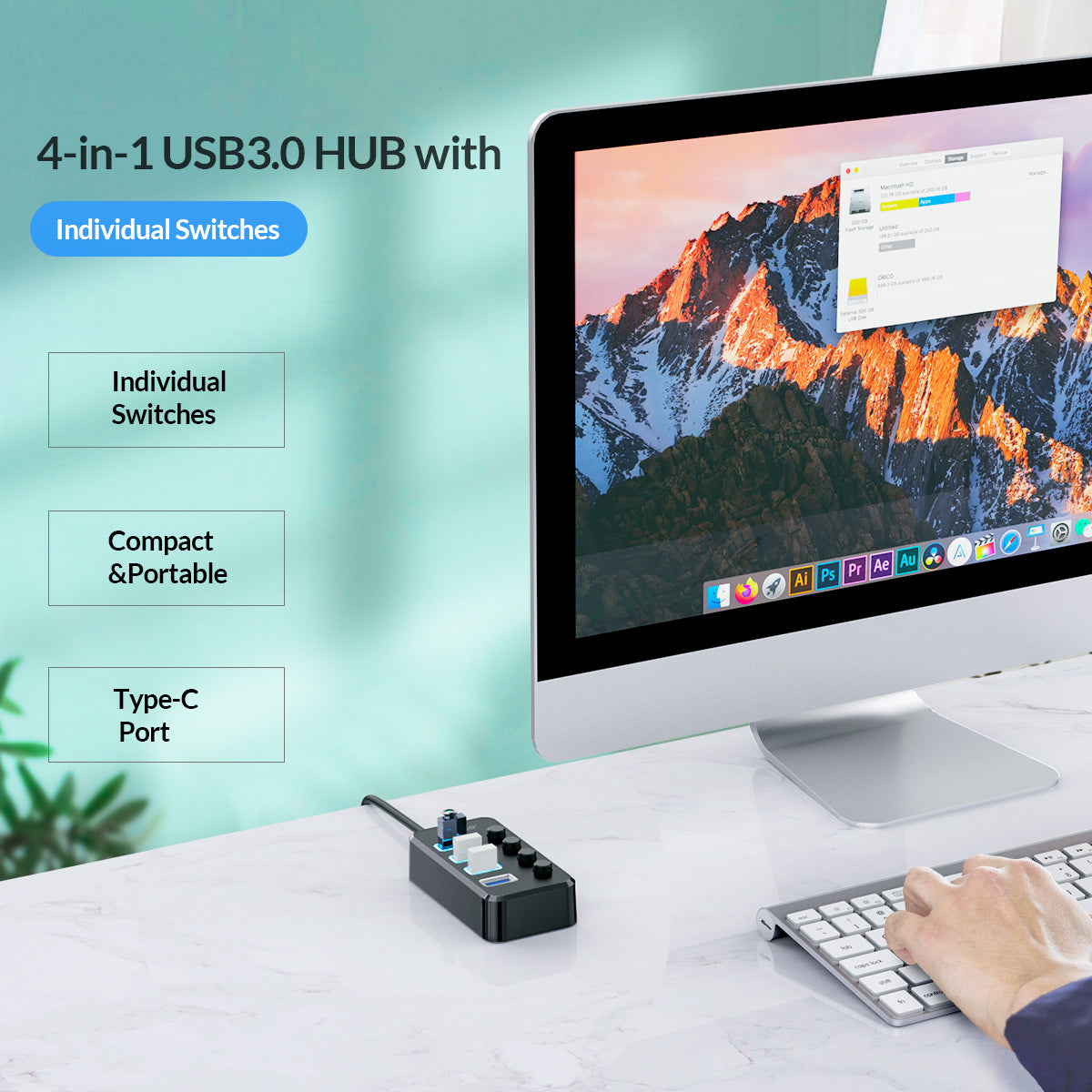 ORICO TSU3-4A 4 Ports USB 3.0 Hub Converter Adapter with Individual Switches for Laptop Computer