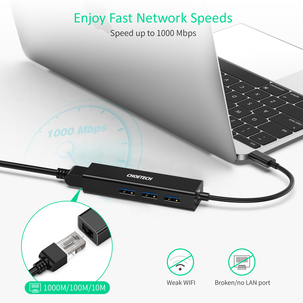 Choetech HUB-U02 4-in-1 USB-C to RJ45 + 3 USB3.0 Ports Ethernet Adapter Network Cable Connector USB Hub