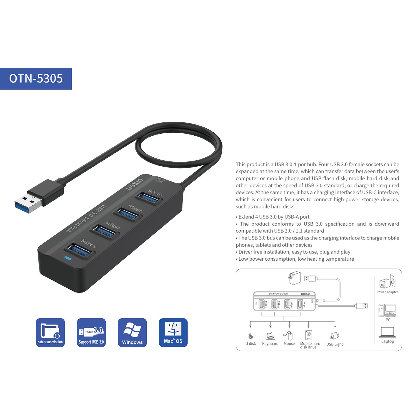 Uniqkart 5305 4-in-1 USB 3.0 4 Ports HUB USB 3.2 Gen1 Splitter Docking Station Support 5Gbps Transmission