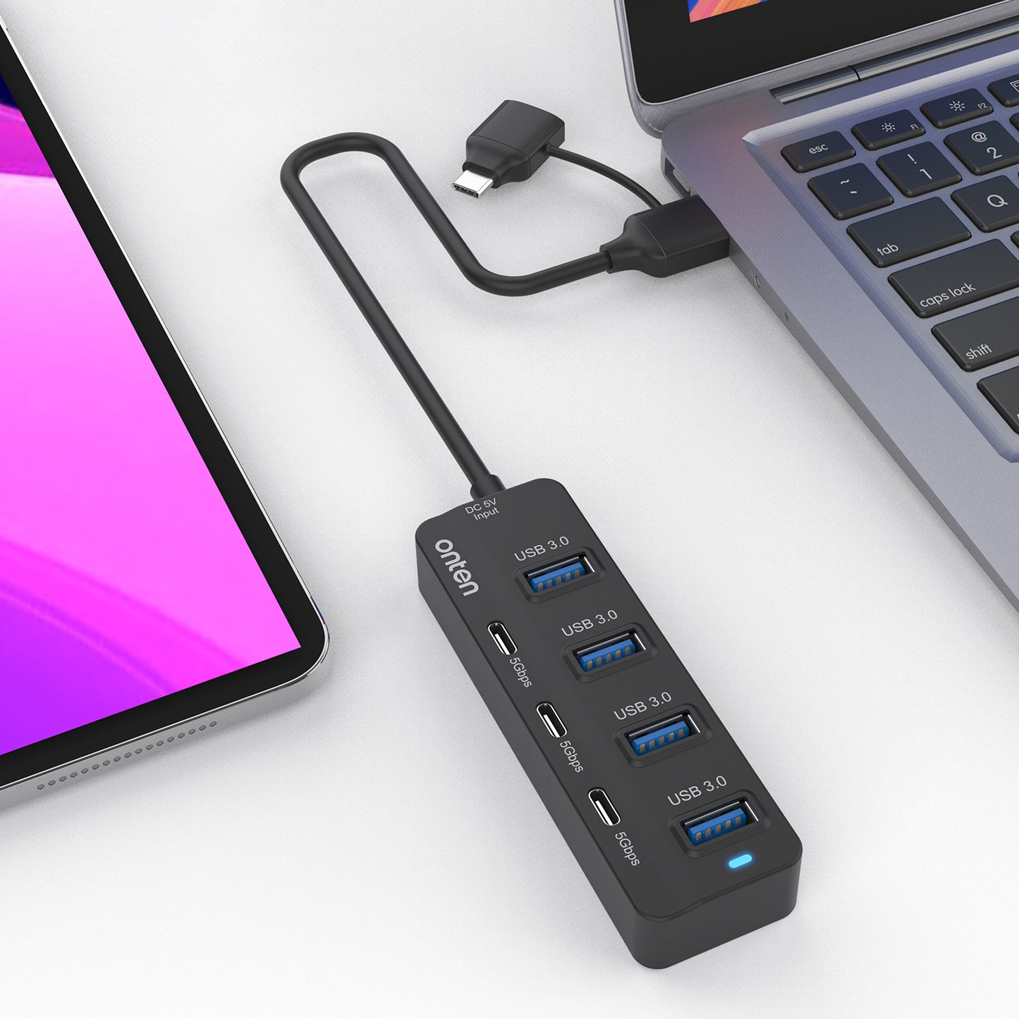 Uniqkart UCA5306 7-in-2 USB / Type-C HUB Adapter 4 USB 3.0 + 3 USB-C Docking Station 5Gbps Data Converter