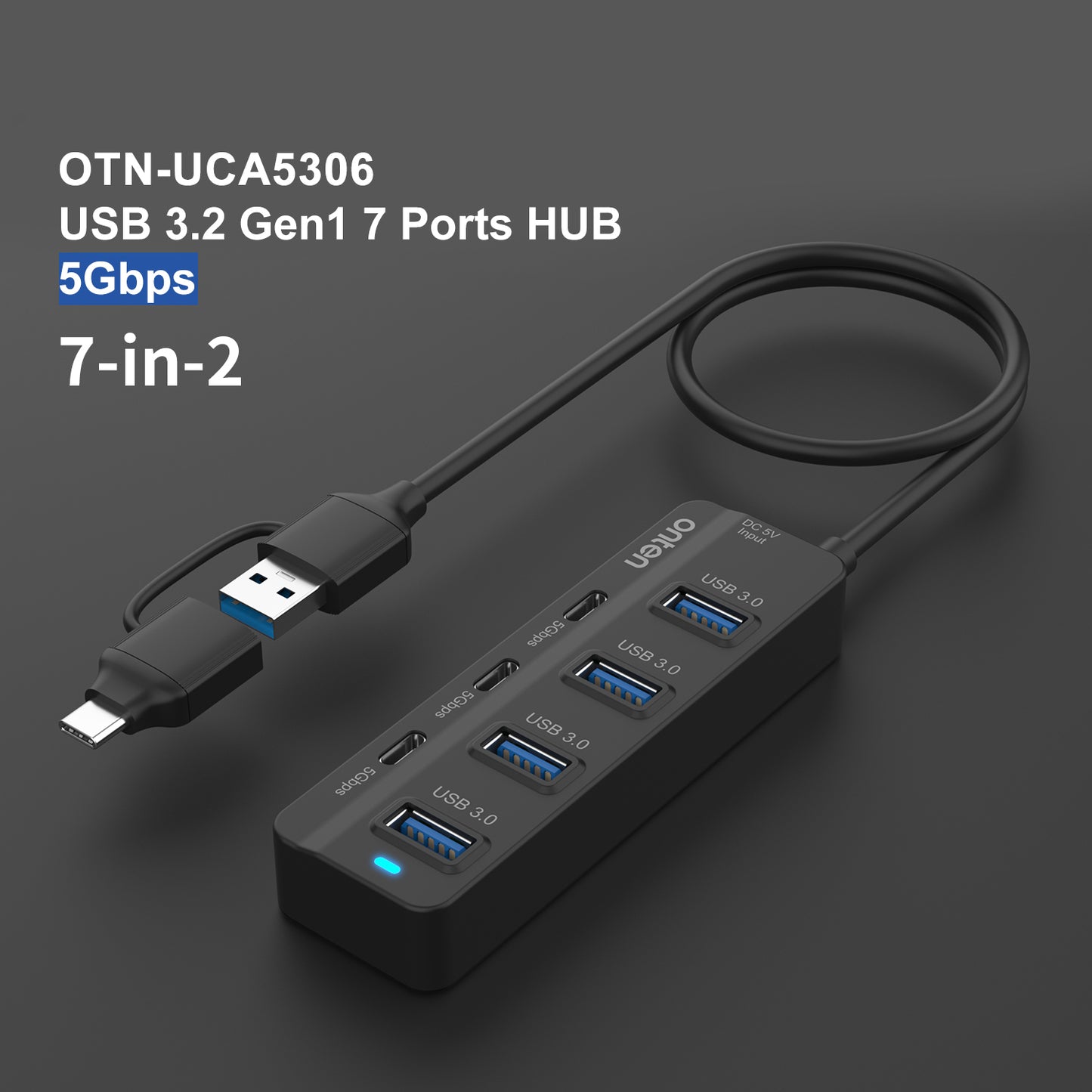 Uniqkart UCA5306 7-in-2 USB / Type-C HUB Adapter 4 USB 3.0 + 3 USB-C Docking Station 5Gbps Data Converter