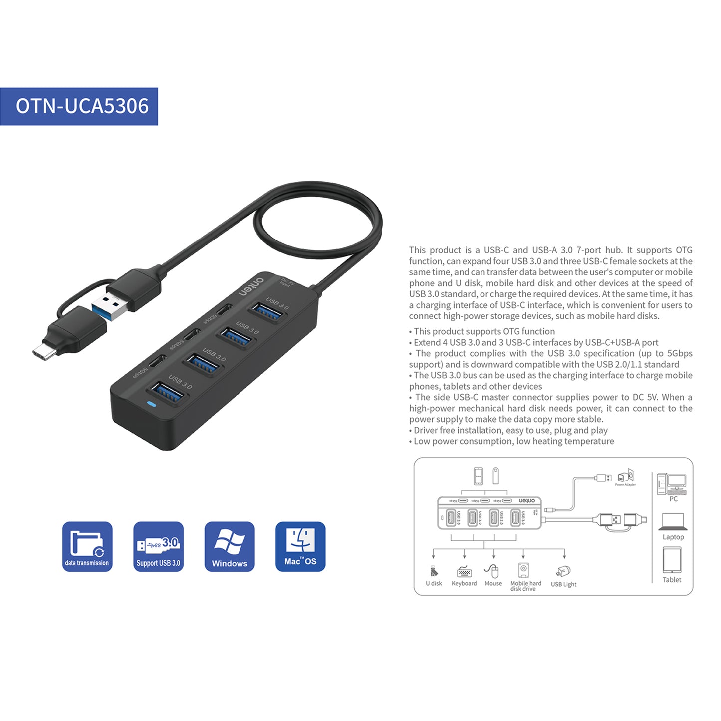 Uniqkart UCA5306 7-in-2 USB / Type-C HUB Adapter 4 USB 3.0 + 3 USB-C Docking Station 5Gbps Data Converter