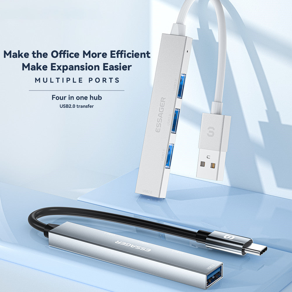 Essager 4-in-1 USB Hub 4 USB2.0 Ports Splitter Tablet Laptop Aluminum Alloy Adapter - USB-A / Silver