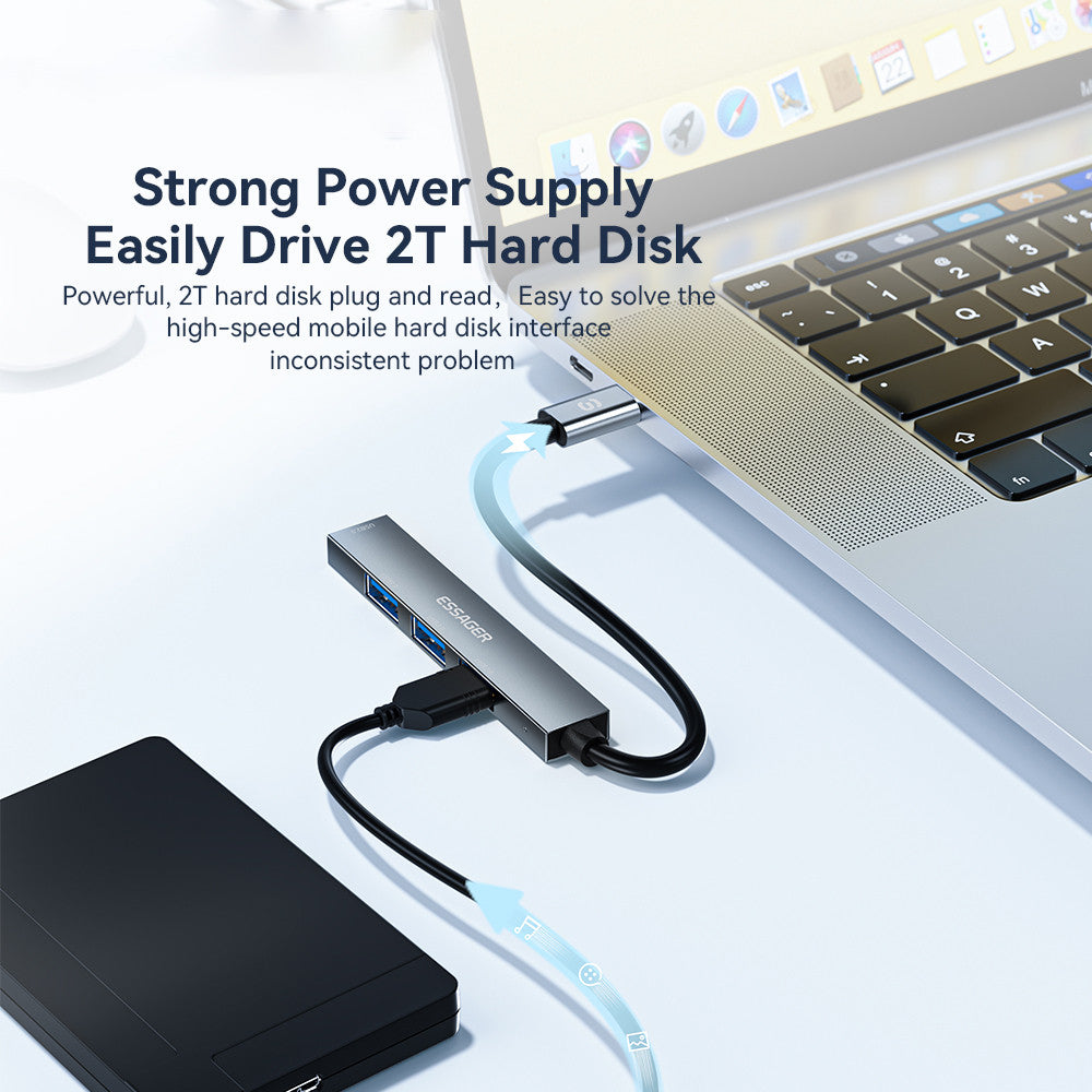 Essager 4-in-1 USB Hub 4 USB2.0 Ports Splitter Tablet Laptop Aluminum Alloy Adapter - Type-C / Grey