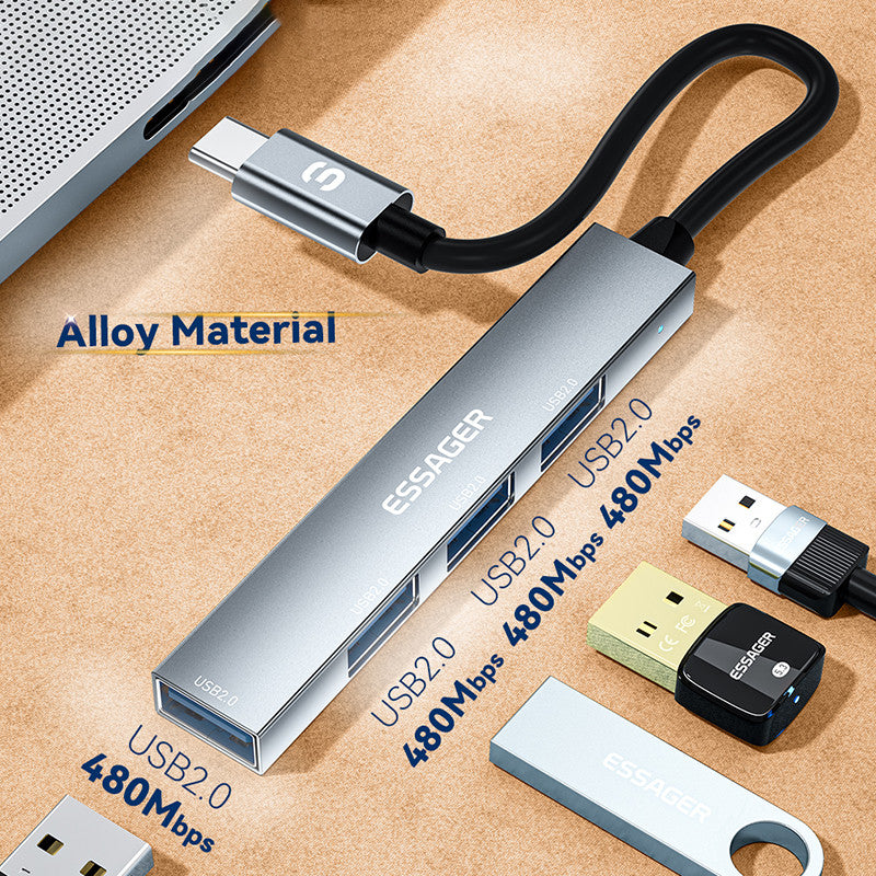 Essager 4-in-1 USB Hub 4 USB2.0 Ports Splitter Tablet Laptop Aluminum Alloy Adapter - Type-C / Grey
