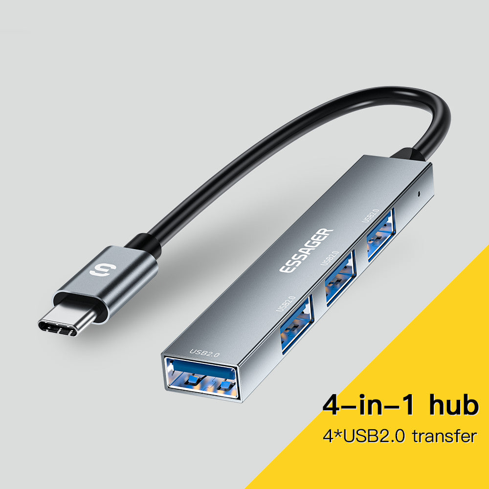 Essager 4-in-1 USB Hub 4 USB2.0 Ports Splitter Tablet Laptop Aluminum Alloy Adapter - Type-C / Grey