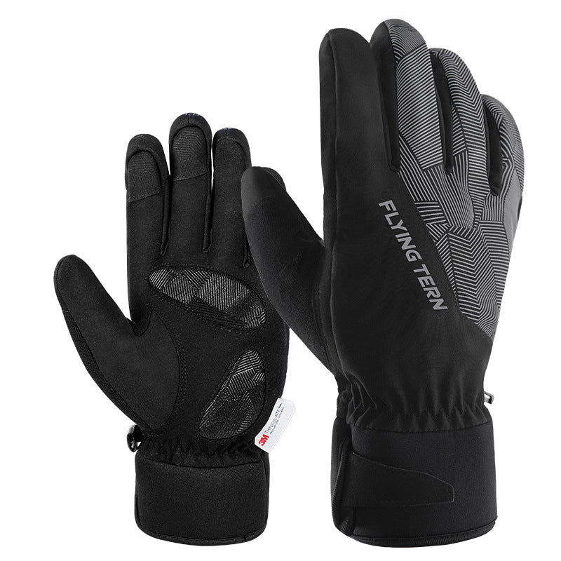 Flyingtern 1 Pair Autumn Winter Waterproof Windproof Cycling Gloves Outdoor Touch Screen Full Finger Warm Gloves - Black / Grey XL