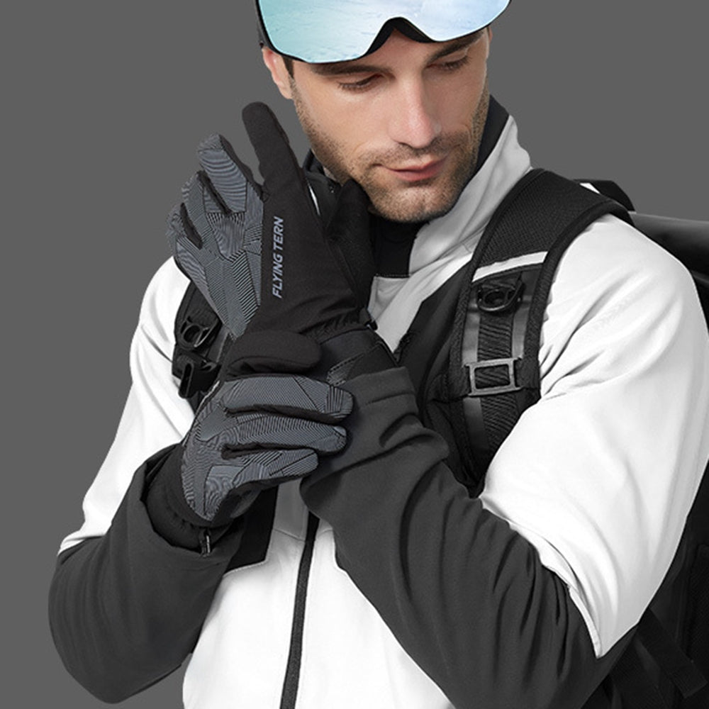 Flyingtern 1 Pair Autumn Winter Waterproof Windproof Cycling Gloves Outdoor Touch Screen Full Finger Warm Gloves - Black / Grey XL