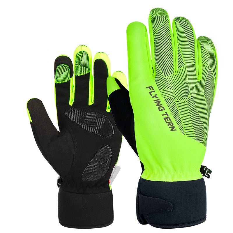 Flyingtern 1 Pair Autumn Winter Waterproof Windproof Cycling Gloves Outdoor Touch Screen Full Finger Warm Gloves - Fluorescent Green M