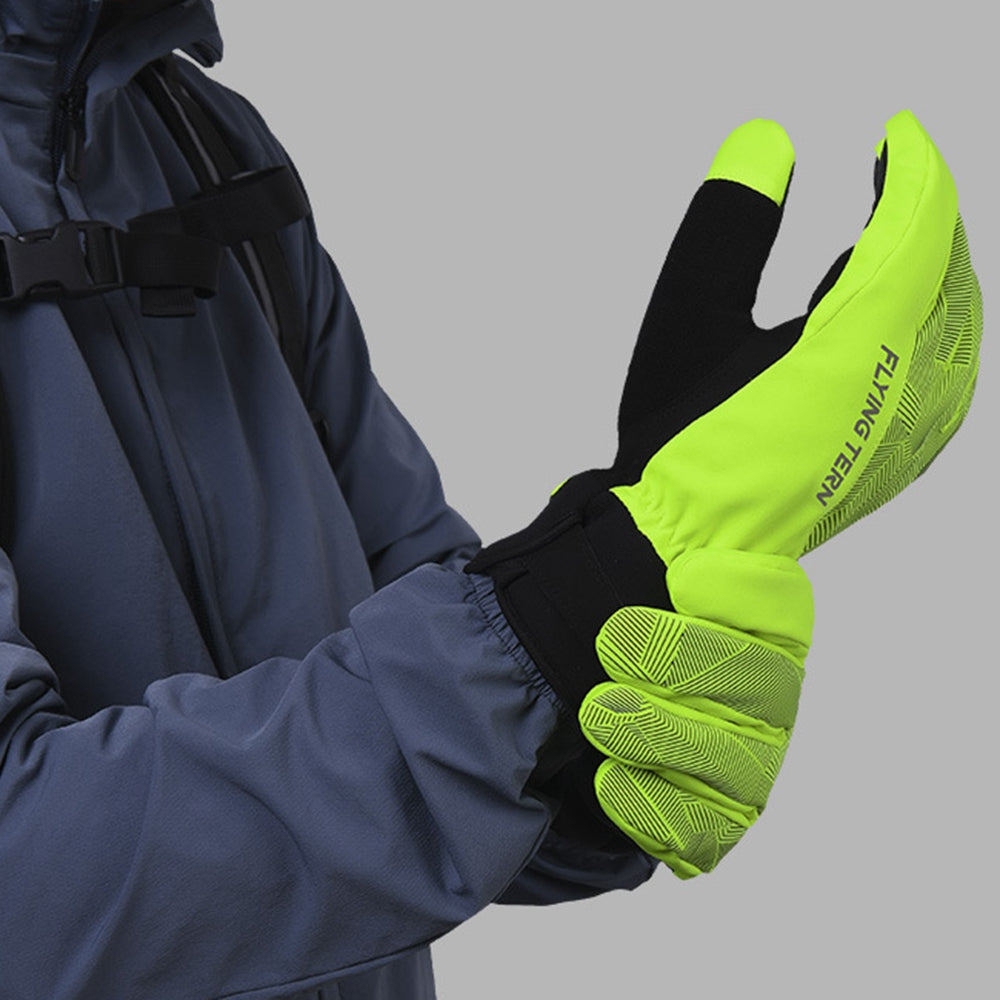Flyingtern 1 Pair Autumn Winter Waterproof Windproof Cycling Gloves Outdoor Touch Screen Full Finger Warm Gloves - Fluorescent Green XL