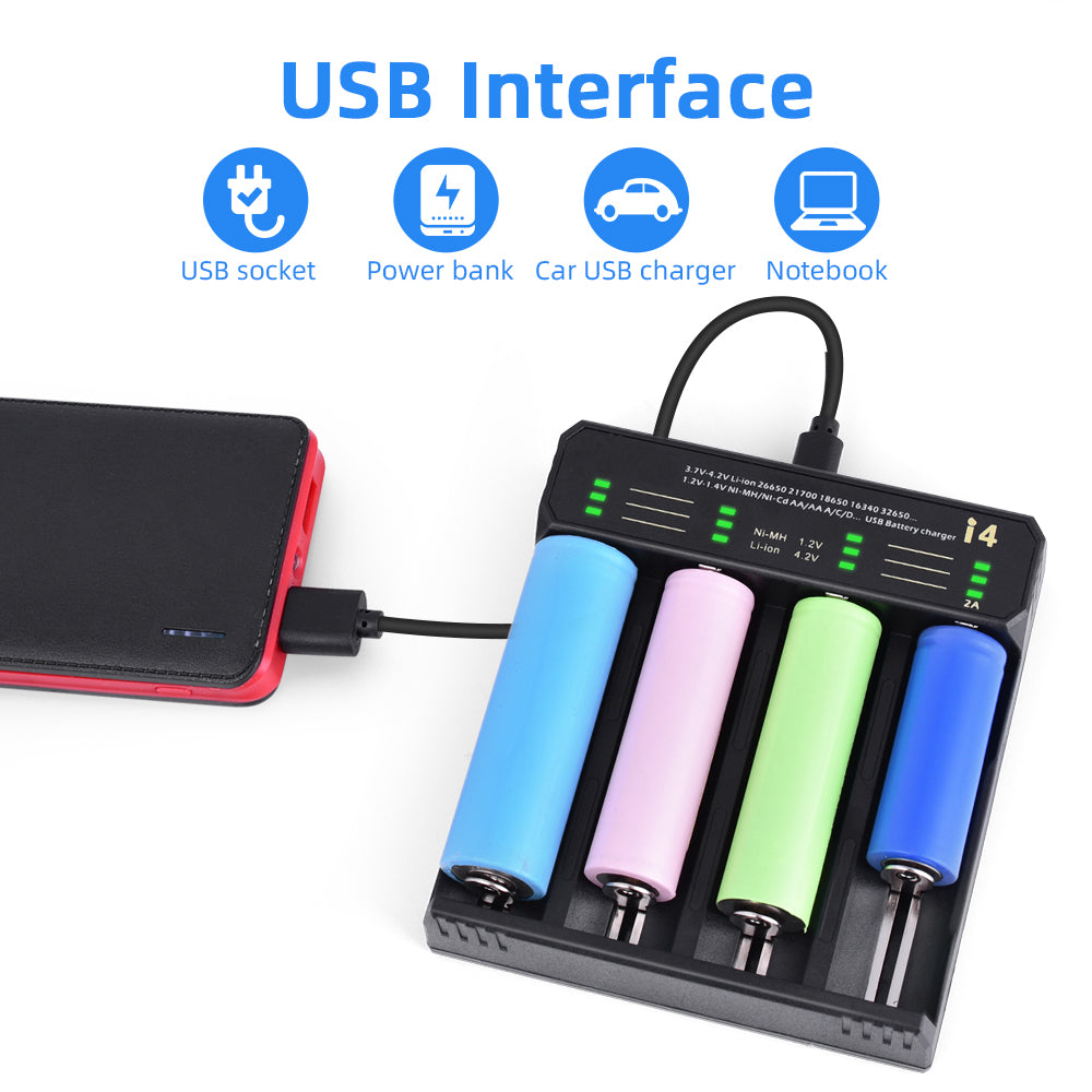 ESSAGER ECDQ-I401 4 Slots USB Battery Smart Charger for 18350/18500/18490 AA AAA Li-ion/ Ni-MH / Ni-CD Battery