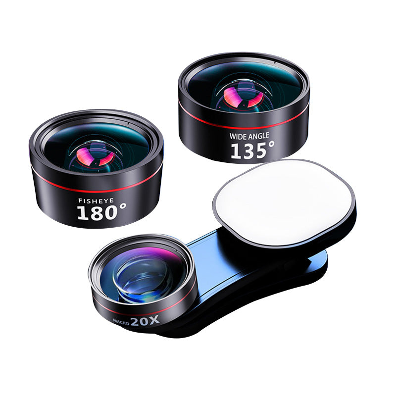 XIAOTIAN Mobile Phone Lens Professional Shooting Lens External HD Camera Fill Light + Ultra-Clear Lens Set with Ultra-Wide Angle + Macro + Fisheye