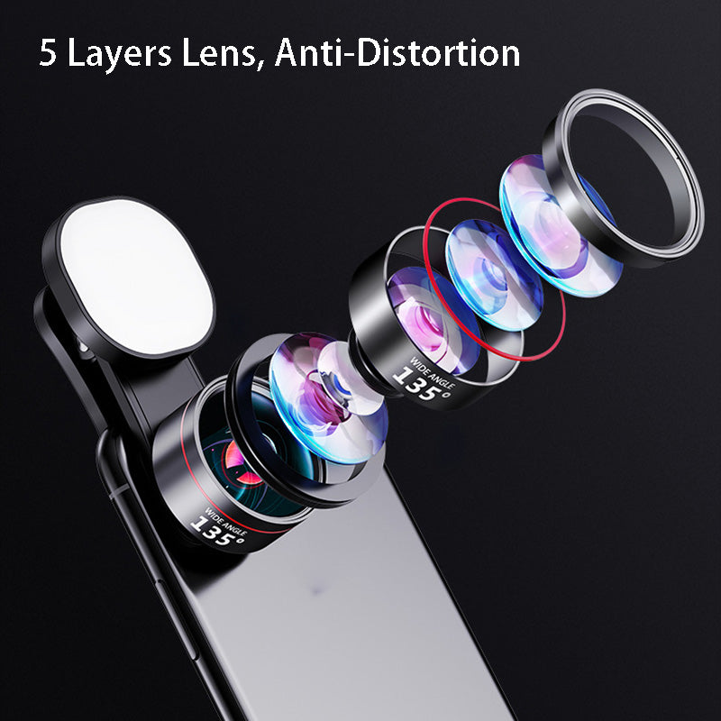 XIAOTIAN Mobile Phone Lens Professional Shooting Lens External HD Camera Fill Light + Ultra-Clear Lens Set with Ultra-Wide Angle + Macro + Fisheye