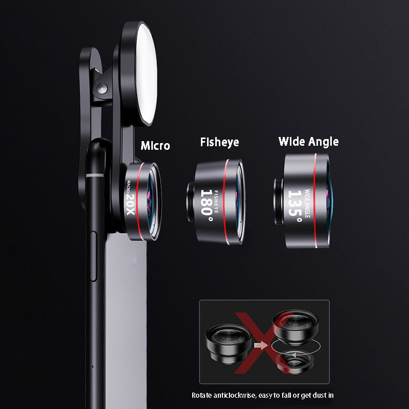 XIAOTIAN Mobile Phone Lens Professional Shooting Lens External HD Camera Fill Light + Ultra-Clear Lens Set with Ultra-Wide Angle + Macro + Fisheye