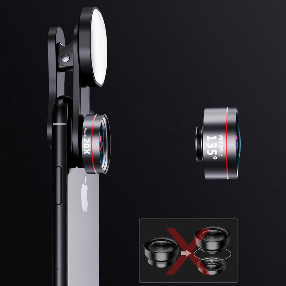 XIAOTIAN Professional Cell Phone Lens External HD Camera Lens Ultra-Clear Lens Set with Ultra-Wide Angle, Macro, Fill Light