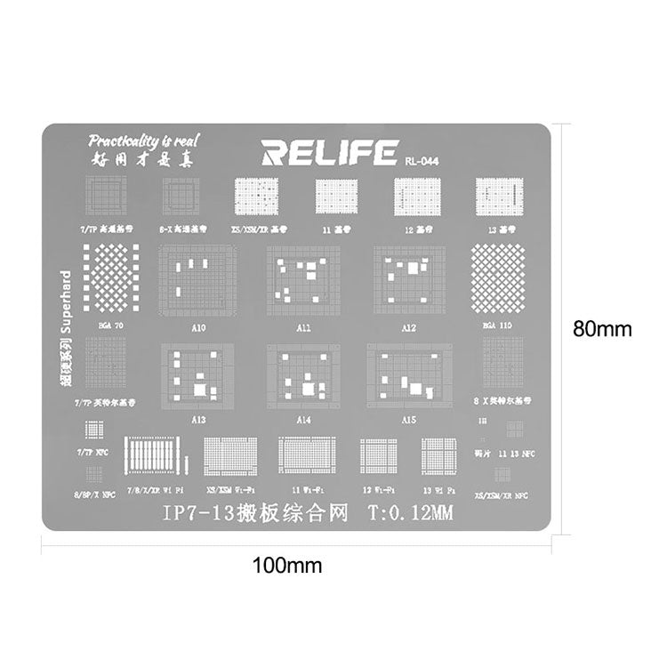 Relife RL-044 0.12mm Thickness Motherboard Repair Stencils Planting Tin Network Mesh for iP7 to iP13 CPU/baseband/WI-FI/NFC/BGA