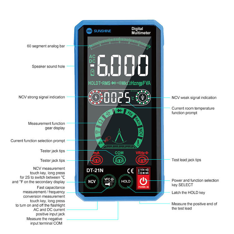 Uniqkart DT-21N Sensitive Reverse-Display Touch Screen Multimeter Automatic Recognition Instrument Tester for Repair Tools