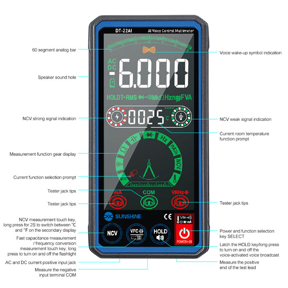 Uniqkart DT-22AI Smart Voice Control Multimeter 4.3 inch LCD Screen Universal Meter with Backlight
