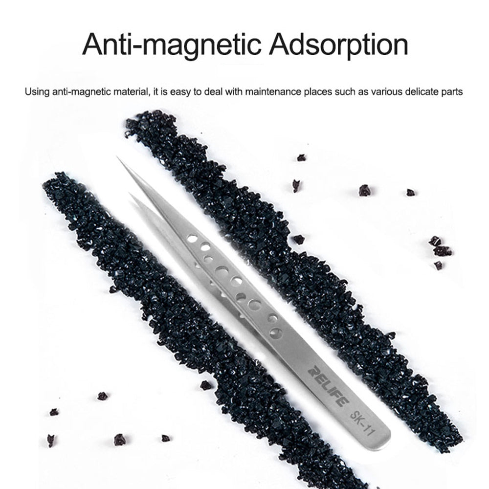 Relife SK-11 Straight Tip Tweezers with Holes Stainless Steel Precision Tweezers Circuit Board Repairing Tool