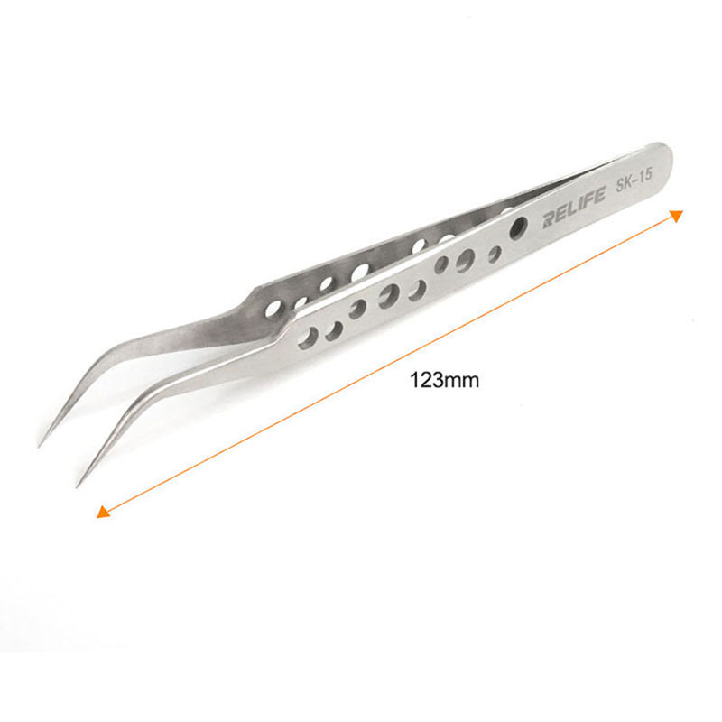 Relife SK-15 Curved Tip Tweezers with Holes Stainless Steel Anti-magnetic Tweezers Precision Repairing Tool