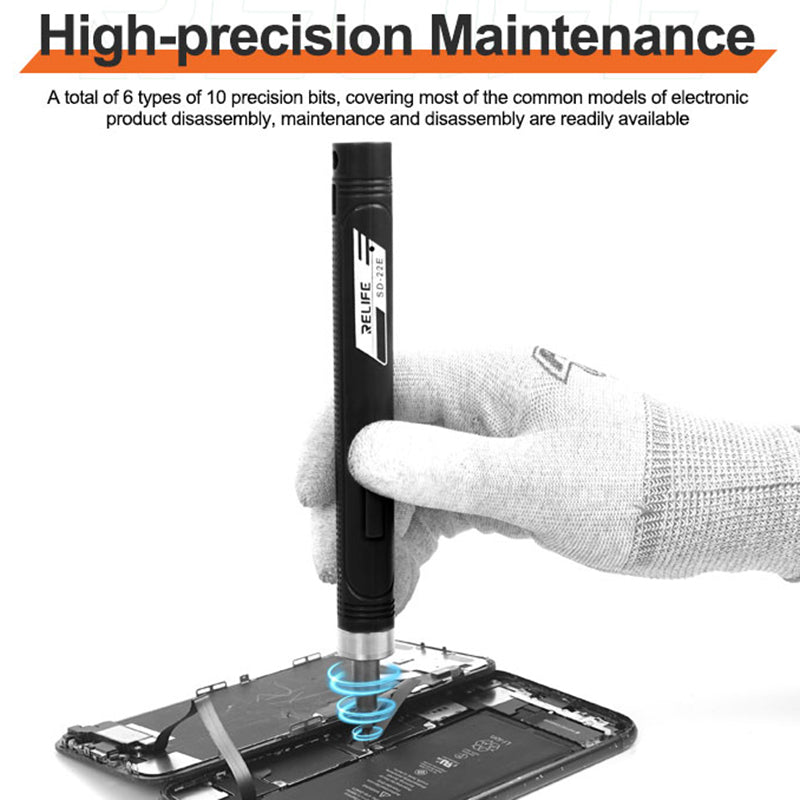 RELIFE SD-22E Precision Electric Screwdriver Rechargeable Phone Repair Power Hand Tool with 10 Bits - Black