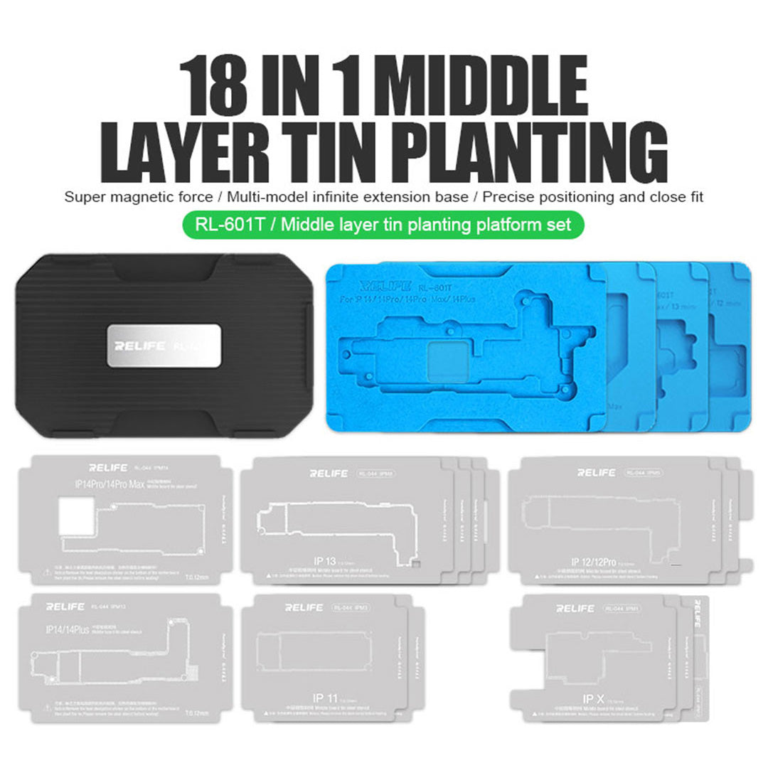 Relife RL-601T 18-in-1 Mid-Layer Tin Planting Platform Fixture Set for iPhone X-14 Pro Max Multifunctional Phone Repair Tools
