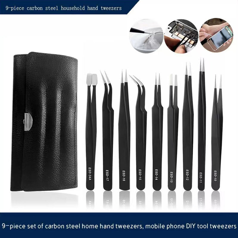 9-in-1 Stainless Steel Fine Tweezers Watch Clock Phone Repair Tools Precision Tweezers Kit
