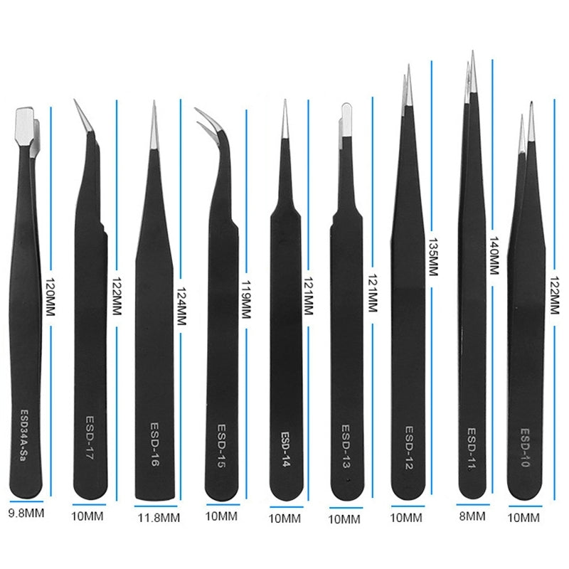 9-in-1 Stainless Steel Fine Tweezers Watch Clock Phone Repair Tools Precision Tweezers Kit