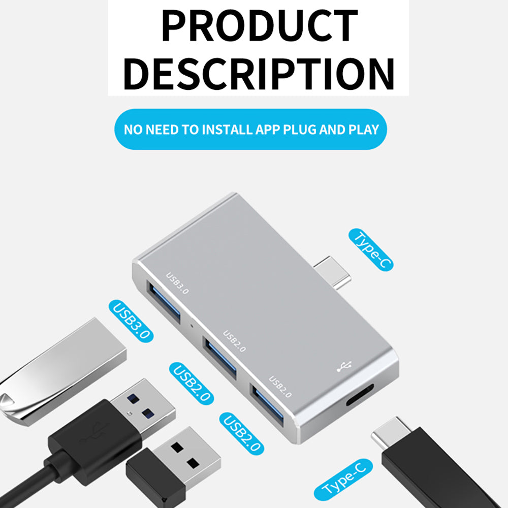 Type-C to USB3.0 2.0 Expansion Dock 5Gbps High Speed USB-C Four-in-one Hub - Silver