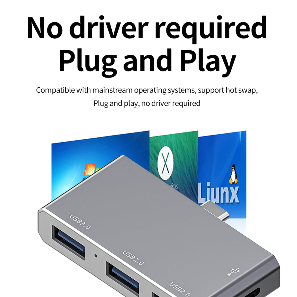 Type-C to USB3.0 2.0 Expansion Dock 5Gbps High Speed USB-C Four-in-one Hub - Silver