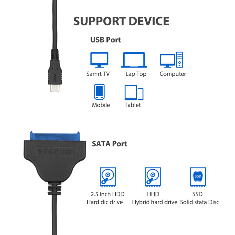 USB-C to 22-pin SATA Adapter Converter High-Speed Data Transfer Cable for 2.5 inch HDD SSD - Black