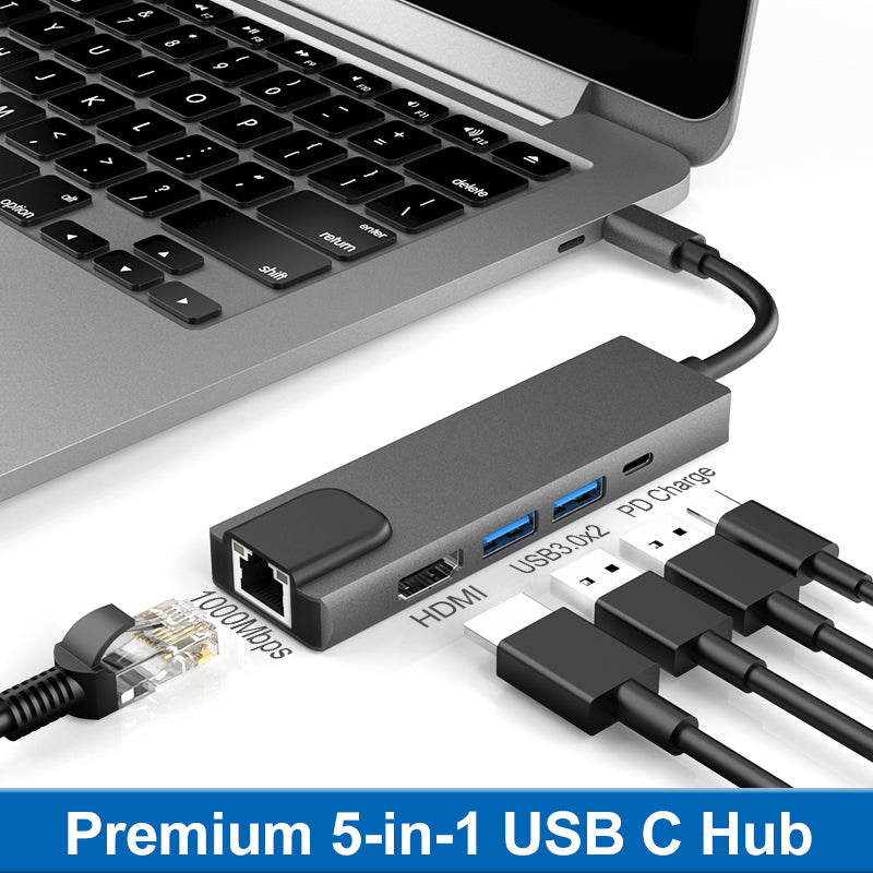 5-in-1 USB C Hub to 4K Resolution HD Video, 2 USB 3.0, Type C Port, 1000Mbps Ethernet Extender