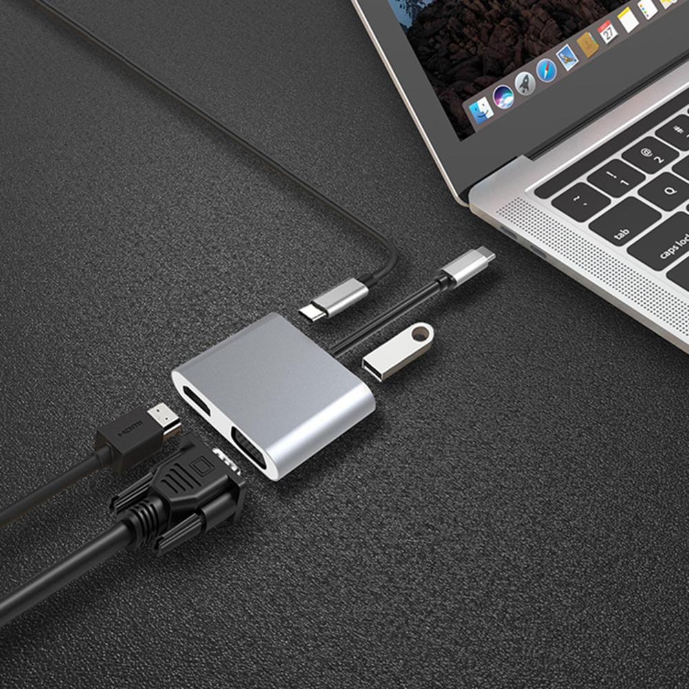 4 in 1 USB C Hub Adapter Cable High-speed Data Sync Multi-port Portable Converter Support HDMI/USB 3.0/VGA/USB-C PD